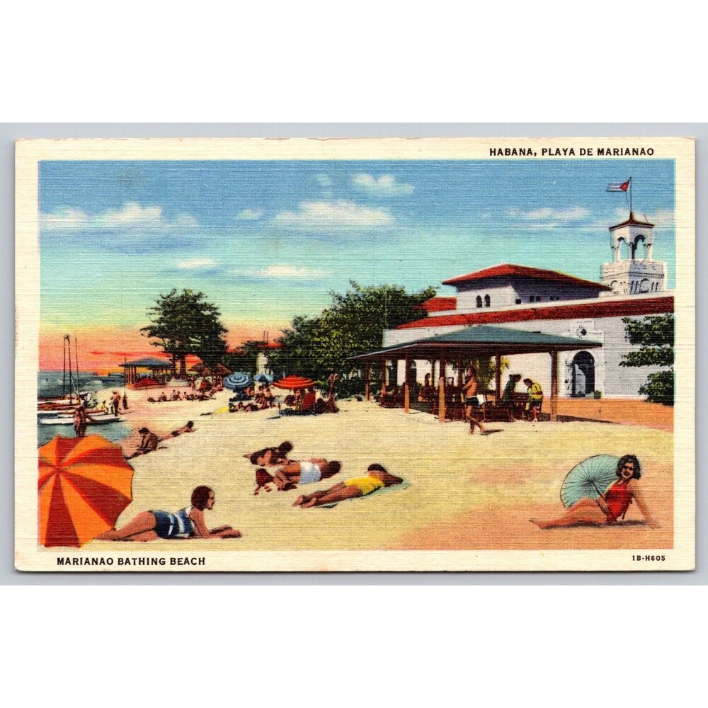 1941 Marianao Beach Bathing Beach Habana Cuba La Concha Linen Postcard Teich